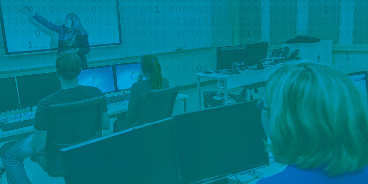 Students in a computer classroom with an overlay of binary code.