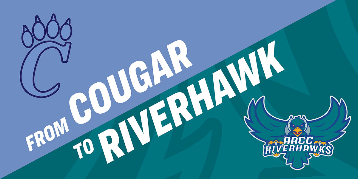 Graphic that says From Cougar to Riverhawk with cougar pawprint and Riverhawk mascots