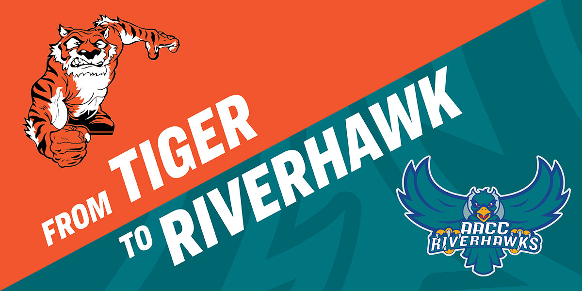 Graphic that says From Tiger to Riverhawk with mascot images of a tiger and riverhawk