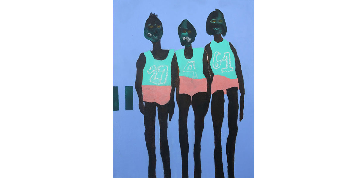 An abstract, folk-art-style painting of three runners with stylized, dark green faces, wearing matching light teal numbered singlets and coral shorts, standing against a flat blue background with two green rectangles.