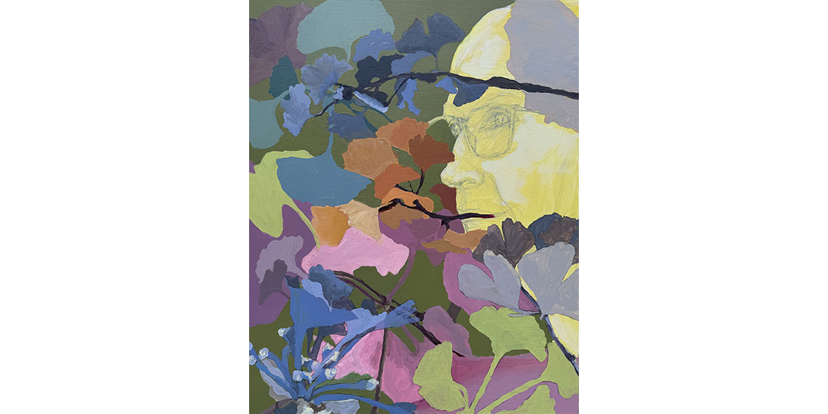 Abstract painting of a person’s face in profile, partially obscured by colorful overlapping leaves and flowers in shades of purple, blue, green and yellow.