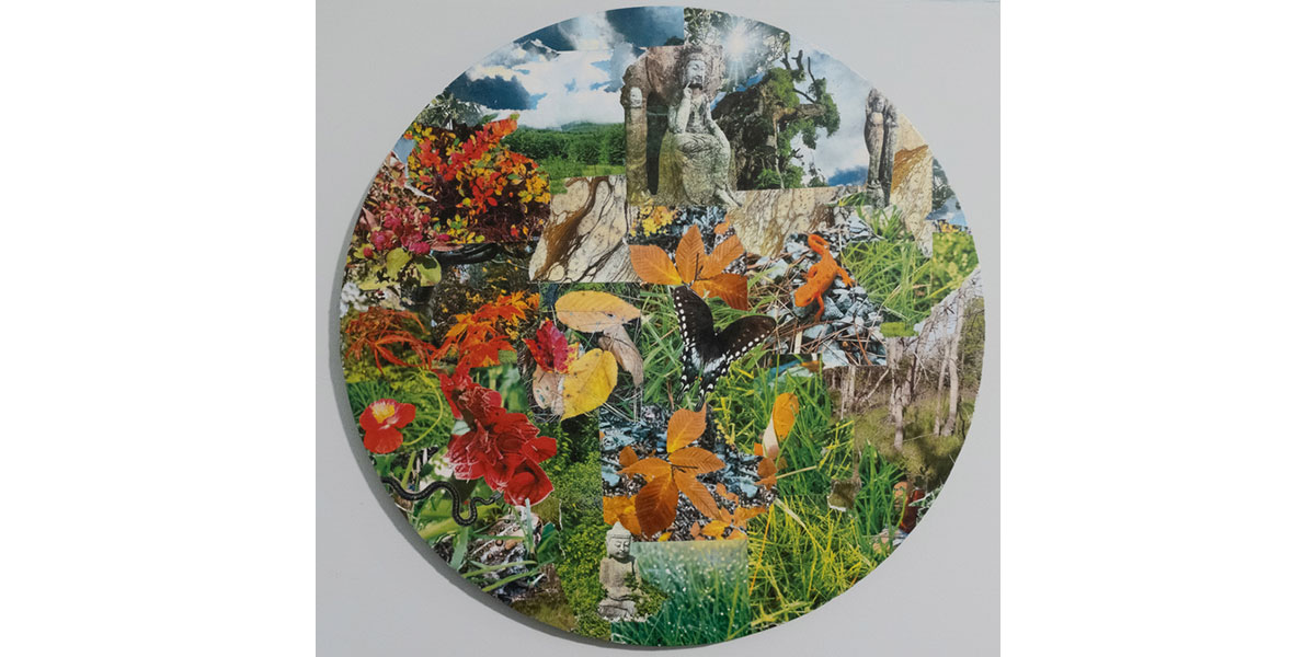 A circular collage artwork featuring stone statues, autumn leaves, a butterfly, a newt, and a snake in a nature landscape.