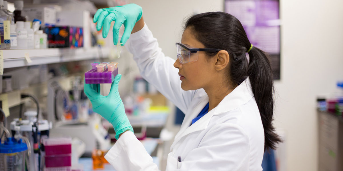 A student studies vials in a medical laboratory classroom.