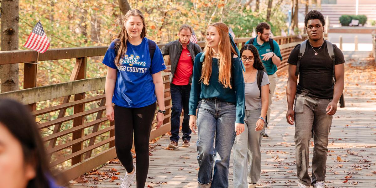 Students walking across bridge.