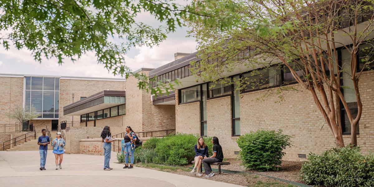 Students standing in pairs talking outside a campus building